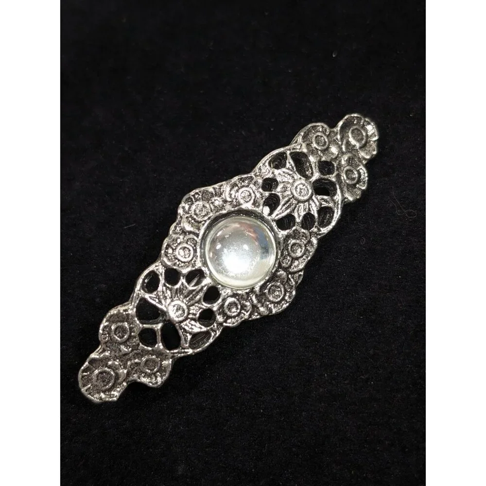 Vintage Victorian Style Floral Bar Brooch Clear Glass Cabochon Pin‎ Silver Tone